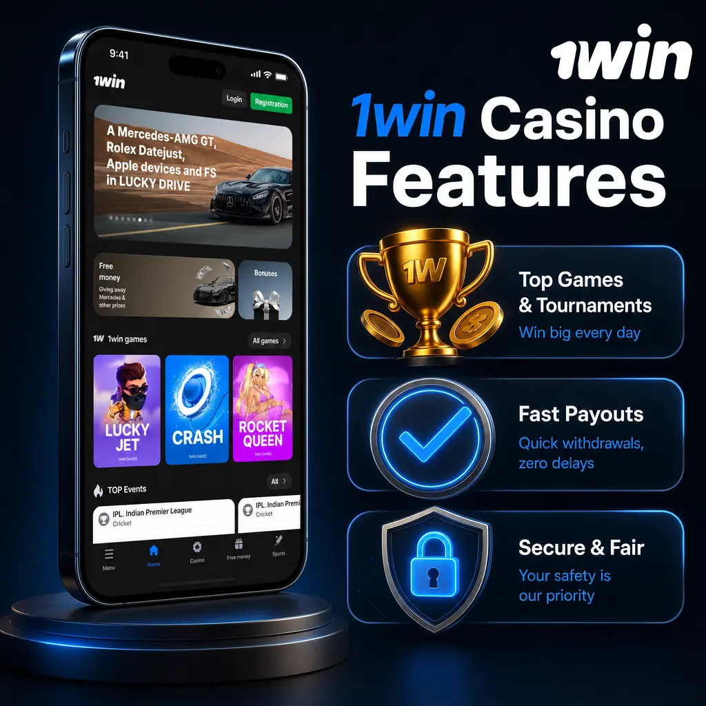 1win Casino app interface showing licensed games, fast crypto payouts, and multi-currency support on mobile and desktop