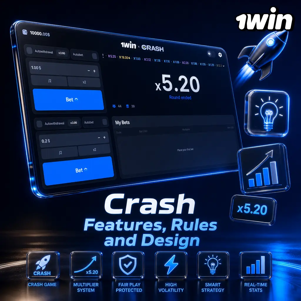 Crash game at 1win casino: neon multiplier chart, 98% RTP, fast rounds, and live cash-out mechanics.
