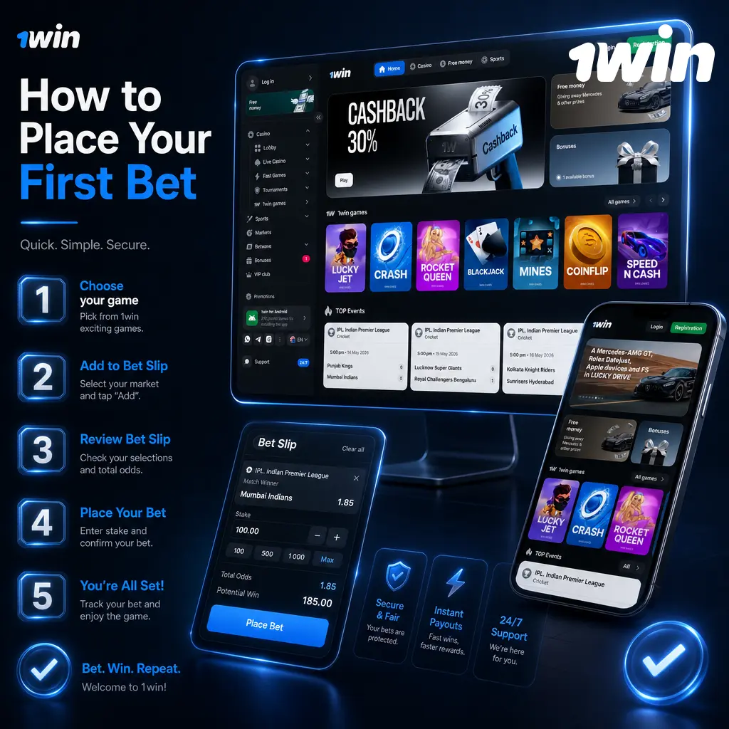 Step-by-step guide to placing your first bet on 1win: register, deposit, select event, and confirm stake