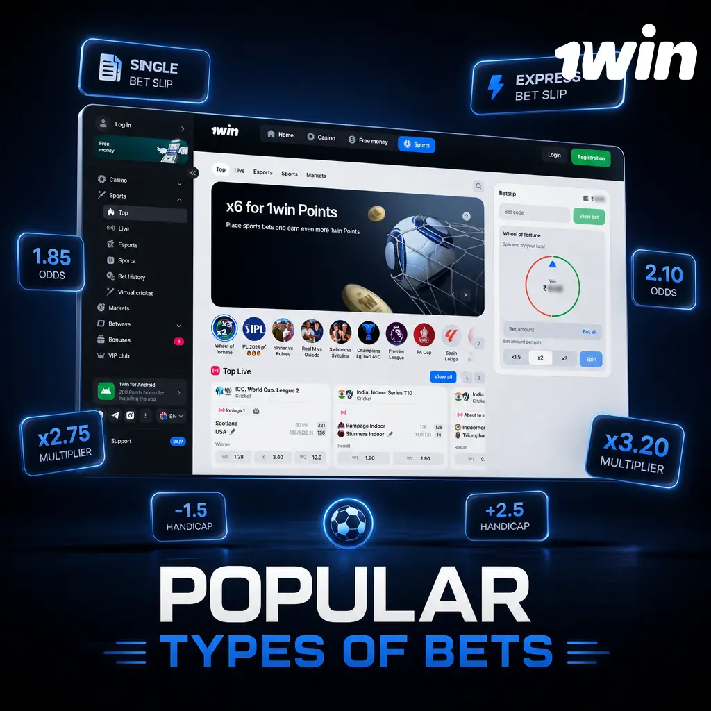 Overview of popular 1win sportsbook bet types: single, express, system, chain, bet builder, and live betting options.