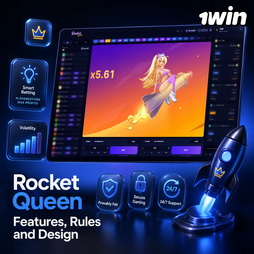 Rocket Queen slot on 1win: neon rocket theme, cascading reels, 97% RTP, free spins with 2x multiplier.