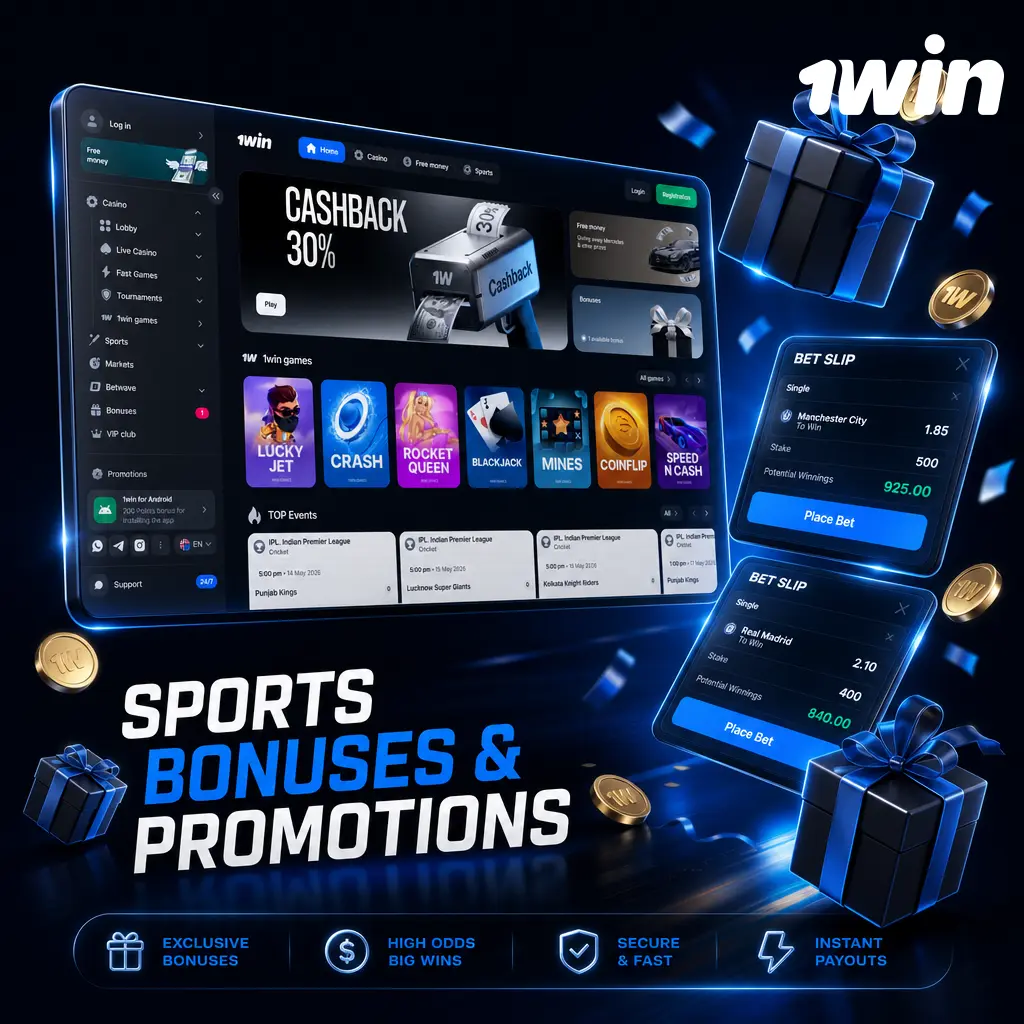1win sports betting bonuses: welcome package, crypto deposit bonus, accumulator boost, bet insurance, and birthday bonus offers.
