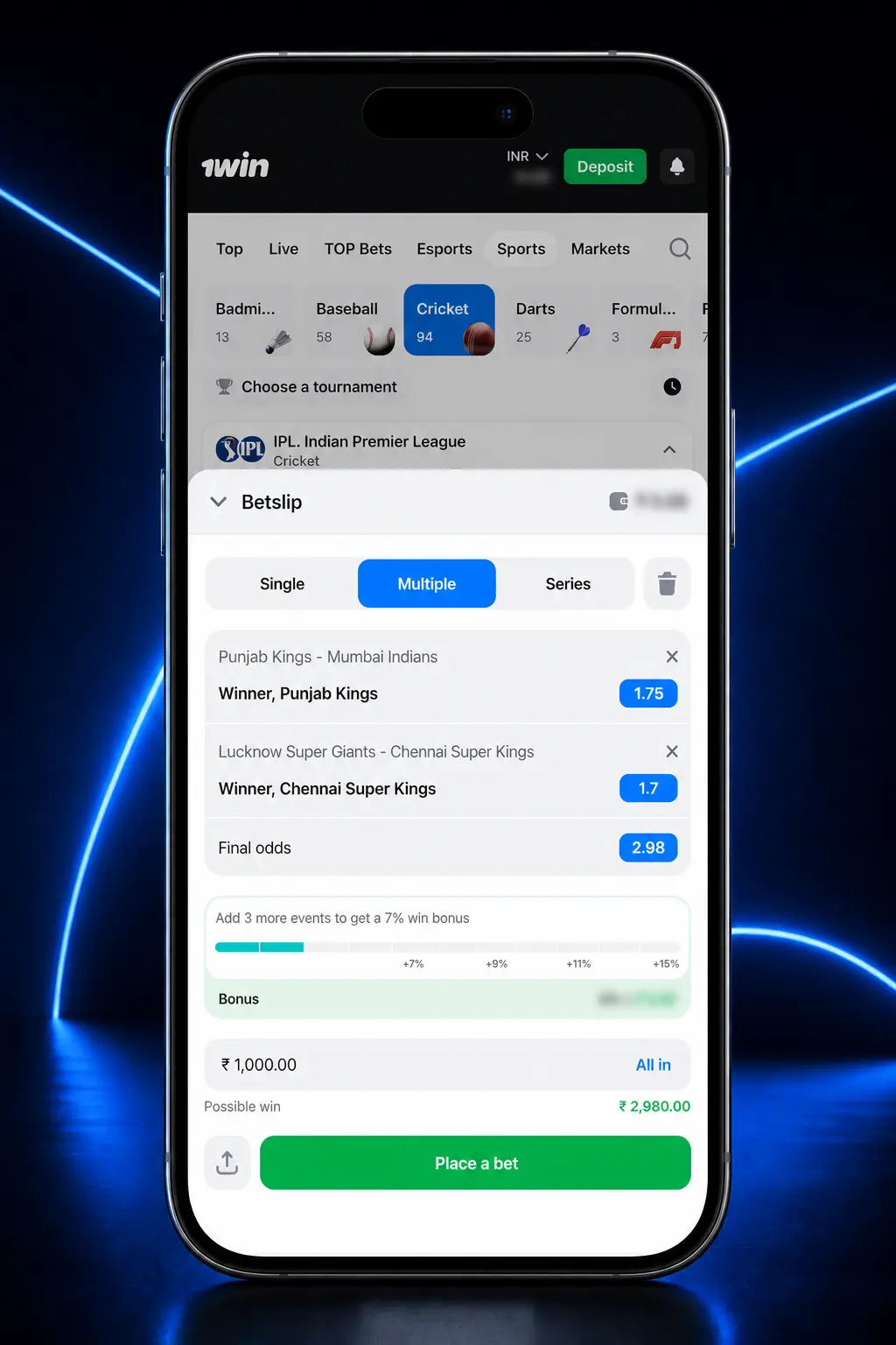 Step-by-step guide showing how to place a bet on 1win using the sports betting slip on mobile