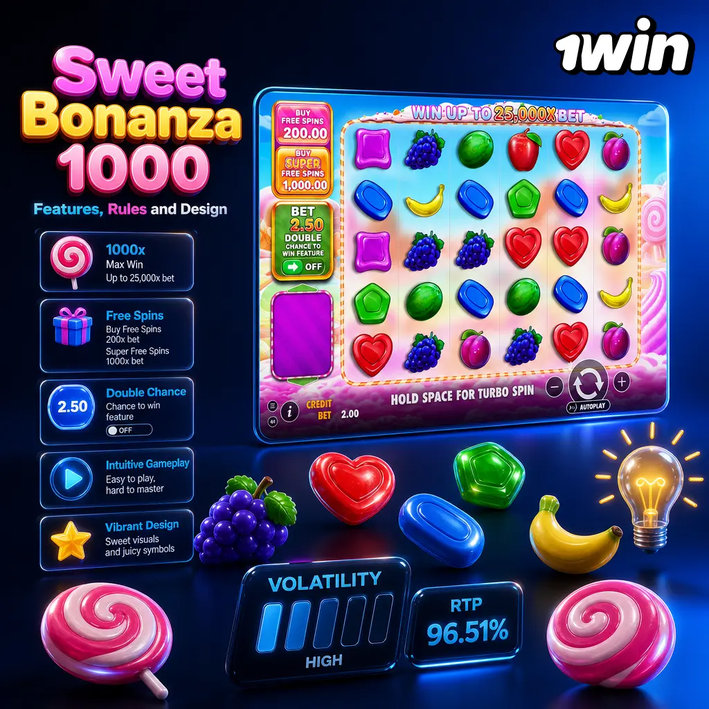 Sweet Bonanza 1000 slot grid with candy symbols, gold bomb multipliers, and cluster pay wins on 1win casino.