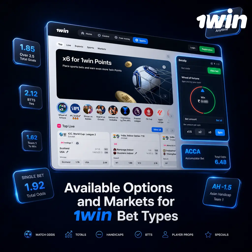 Overview of 1win bet types: Single, Accumulator, System, Handicap, and Over/Under Totals betting options.