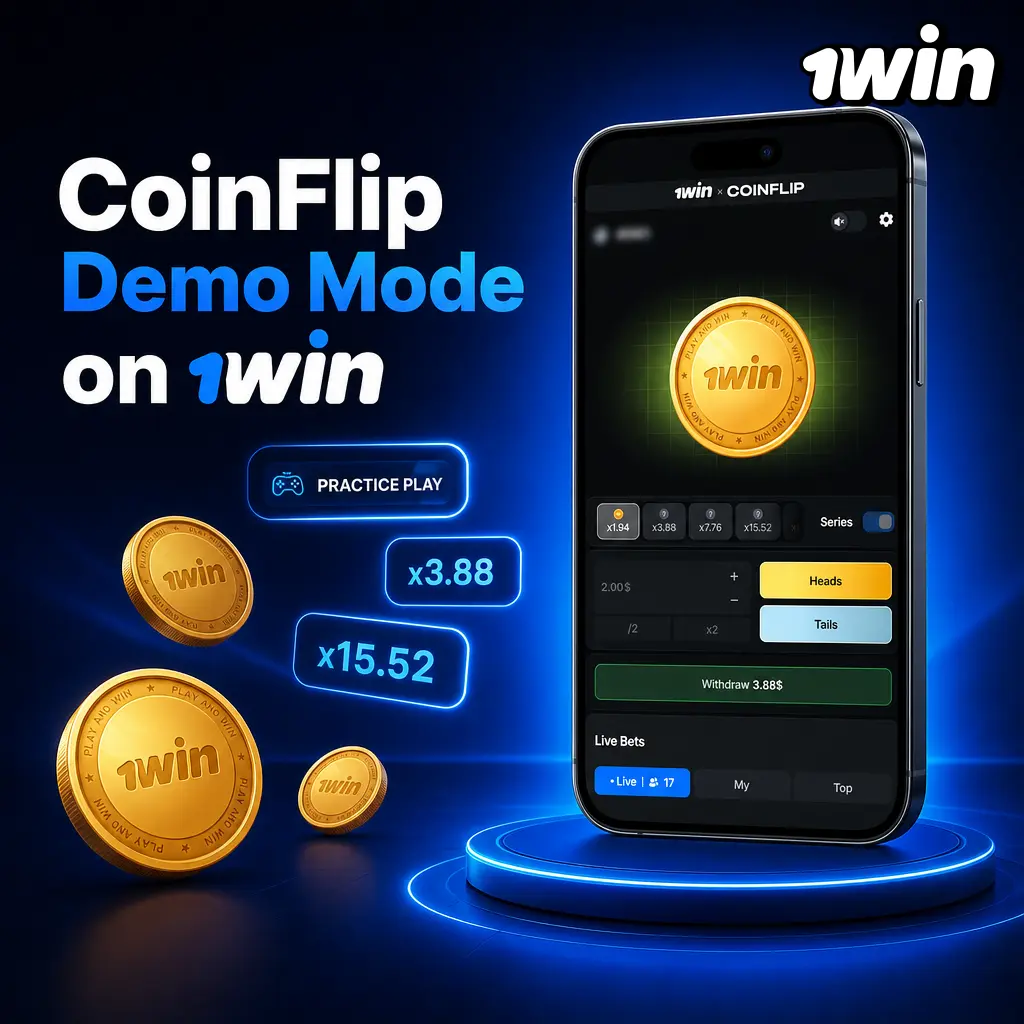 CoinFlip demo mode on 1win with virtual credits, streak multipliers, and cash out feature before real-money play
