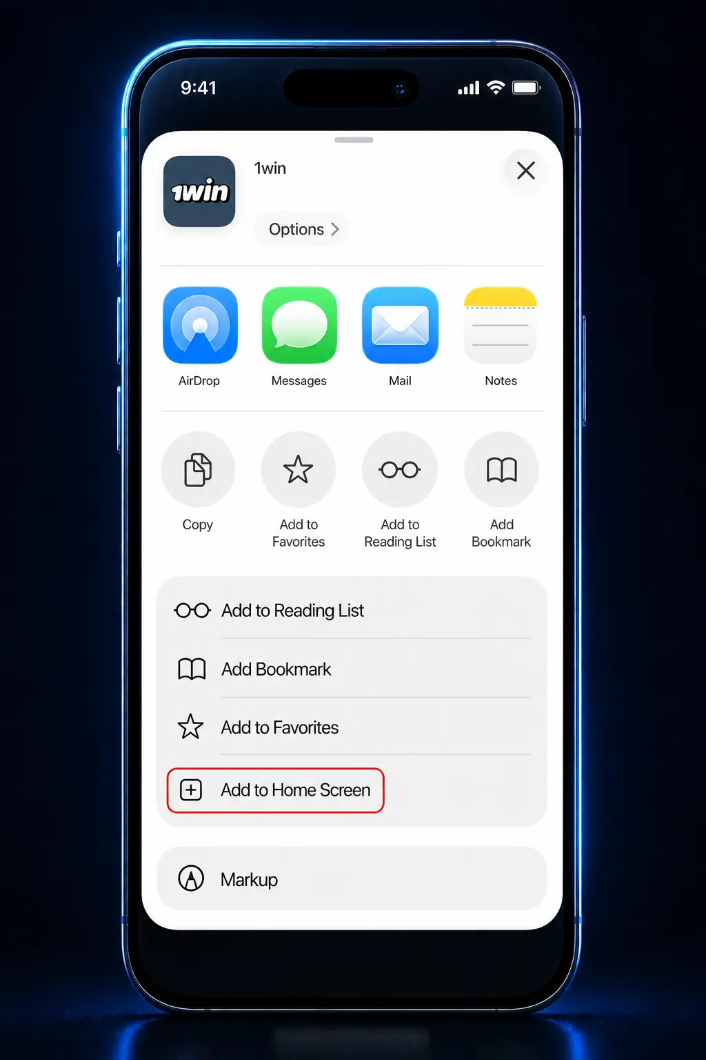 Step-by-step guide showing 1win app installation on iOS via Safari browser, from download to home screen icon setup