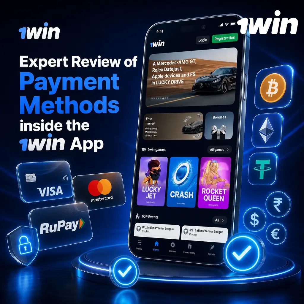 Overview of payment methods available in the 1win app, including UPI, PhonePe, crypto, and e-wallets tested for deposits and withdrawals
