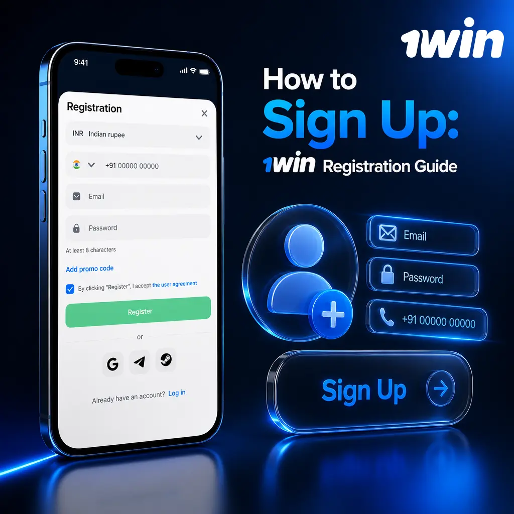 Step-by-step 1win registration guide showing account sign up via email, phone number, or social login options