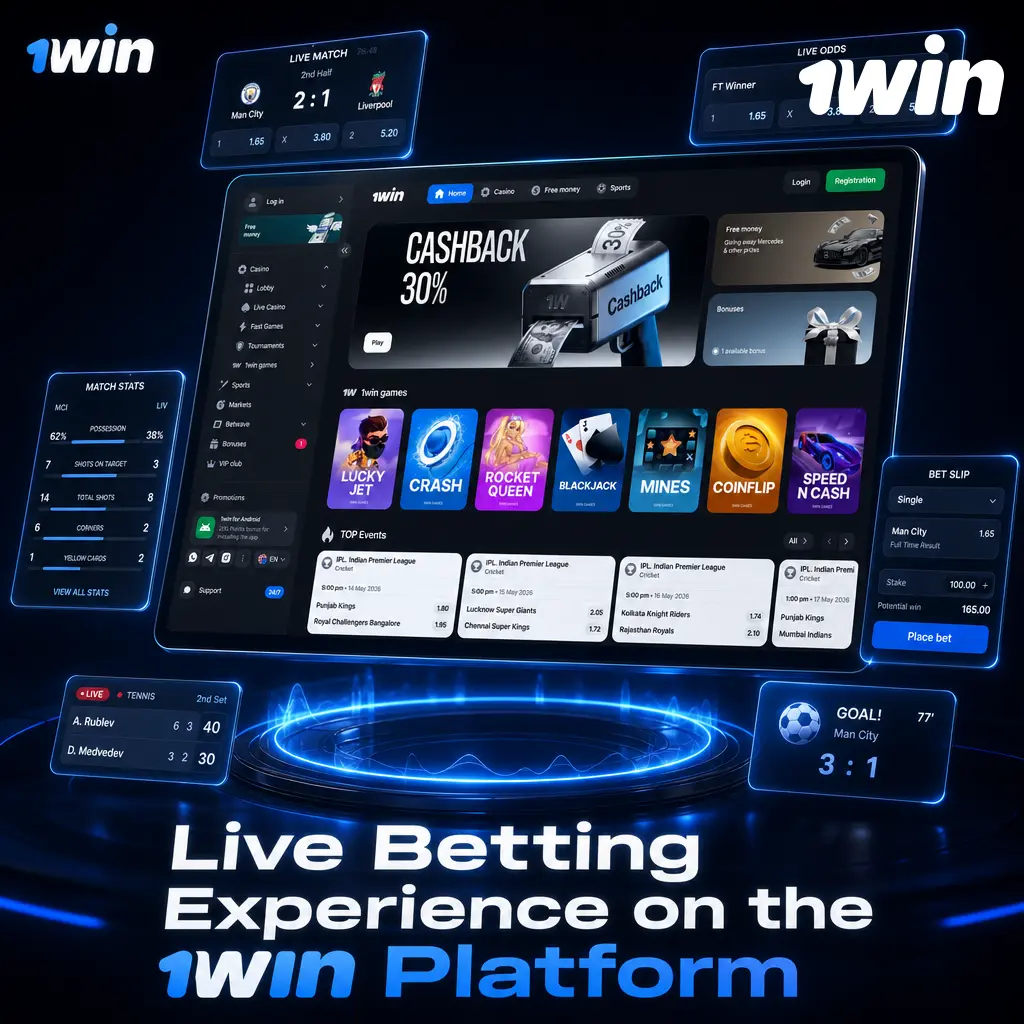 Live betting on 1win platform showing real-time odds, match tracker stats for football and tennis fixtures