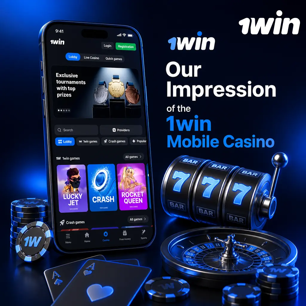 1win mobile casino app screen showing category filters for slots, table games, live casino, game shows, and crash games