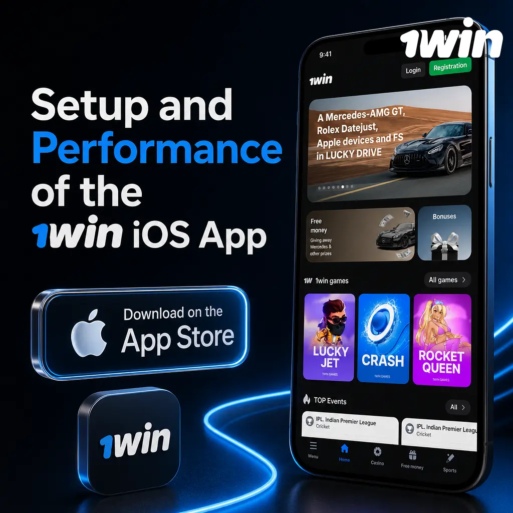 1win iOS app setup guide showing App Store download and Safari home screen shortcut installation steps for iPhone