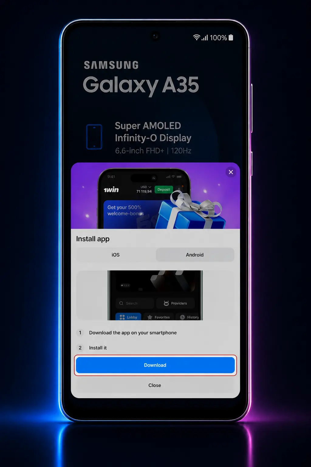 Step-by-step guide showing how to download and install the 1win Android APK on a mobile device