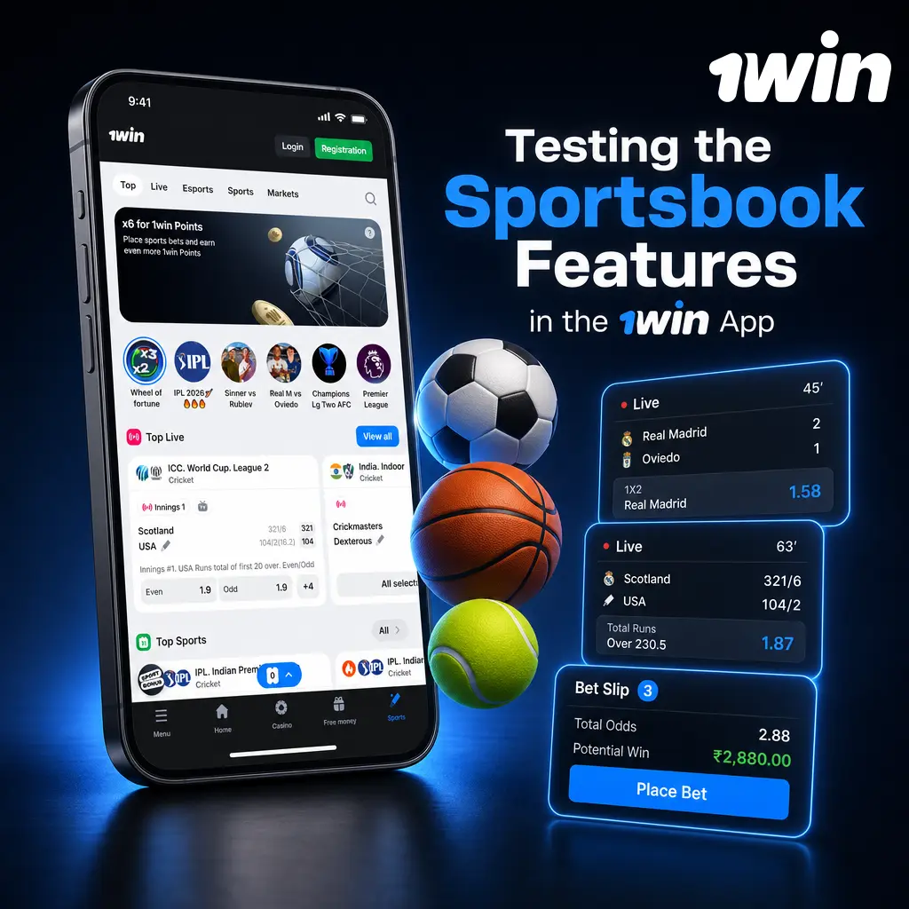 1win app sportsbook test showing Live and Line betting, quick bet slips, live odds updates, and stats for football, cricket, esports.